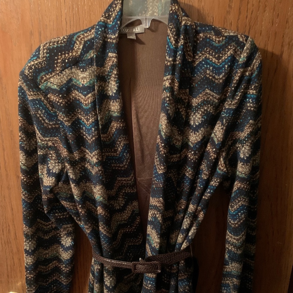 Roz & Ali Belted Jacket, Brown and Blue Chevron, Size L